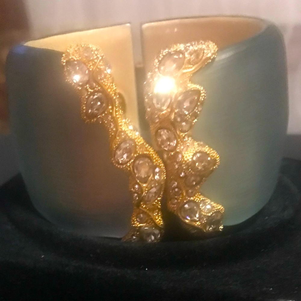 Alexis Bittar light bluish lucite cuff/bangle bracelet with crystals.